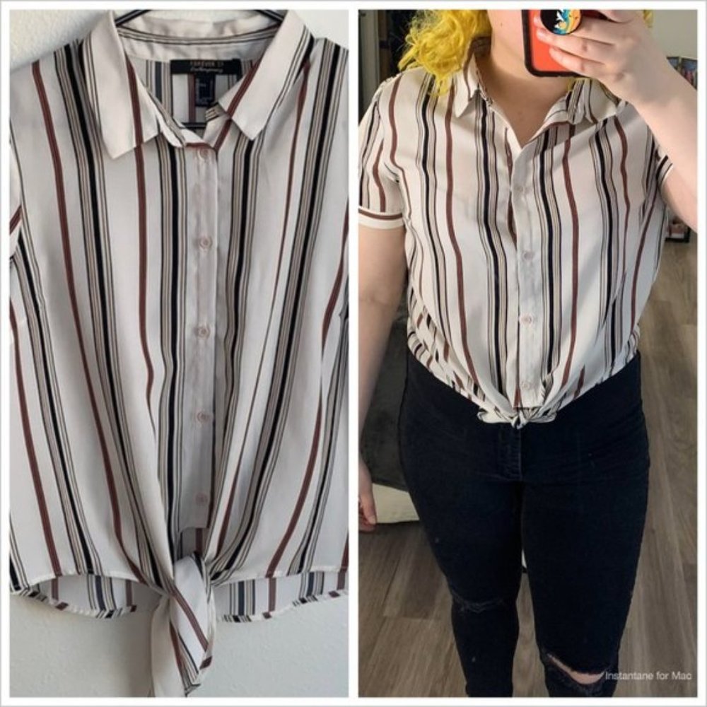 White Stripped Button Down Crop Size Large